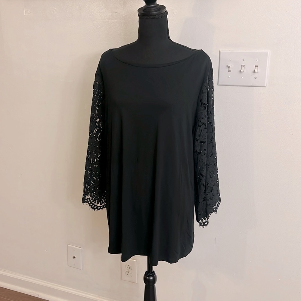 NWT Ralph Lauren Black Lace Sleeve Cotton Viscose Elegant Blouse, Sz. 3XL.